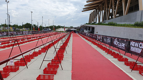 New Clark City Triathlon transition area in front of Aquatic Center